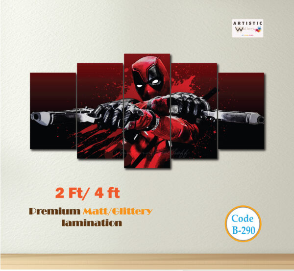 a 5 part split canvas based on superhero, more specifically deadpool