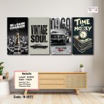 Motivation & Vintage Lifestyle Wall Art Set – Game Changer, Vintage Soul, 1969 Classic Car & Time Is Money 4 Panel Canvas