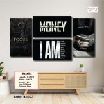 Luxury Motivation Wall Art Set – Focus, Money, I Am & Success Quotes 4 Panel Canvas | Premium Matte HD Print