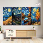 Starry Night Inspired Landscape Wall Art Set – Artistic Scenic Nature 4 Panel Canvas | Premium Matte HD Print