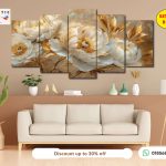 Artistic Wallery Golden Bloom Peony 5-Panel Wall Art – Luxury Cream & Gold HD Matte Laminated PVC Decor (Set Code B-163)