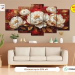 Artistic Wallery Royal Crimson Peony 5-Panel Wall Art – Luxury Ruby & Gold HD Matte Laminated PVC Decor (Set Code B-165)