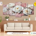 Artistic Wallery Palette Knife Red Blossom Tree 5-Panel Wall Art – Textured HD Matte Laminated PVC Decor