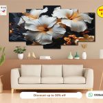 Artistic Wallery Tropical White Hibiscus 5-Panel Wall Art – Bold Floral HD Matte Laminated PVC Decor (Set Code B-167)
