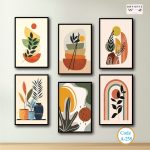 Modern Abstract Botanical Wall Art Set of 6 | Premium Matte Laminated HD Prints on 3mm PVC Board | Waterproof & Fade Resistant | Ready to Hang Wall Decor for Living Room, Bedroom & Office (Code A-258)