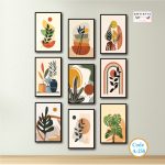 Modern Abstract Botanical Wall Art Set – Minimalist Plant & Geometric Canvas Prints | Premium Matte Laminated Waterproof PVC Panels | Ready to Hang (Code: A-258)
