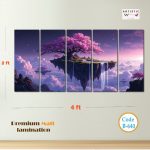 Floating Sakura Paradise – 5 Panel Fantasy Landscape Wall Art