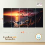 Japanese Zen Red Tree & Ocean Sunset 5-Panel Wall Art